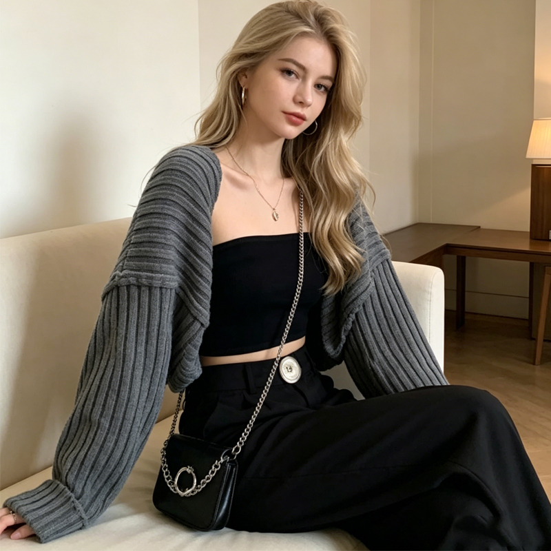 Cardigan court en maille style coréen à manches chauve-souris, coupe ample, couleur unie, sexy, pour printemps et automne