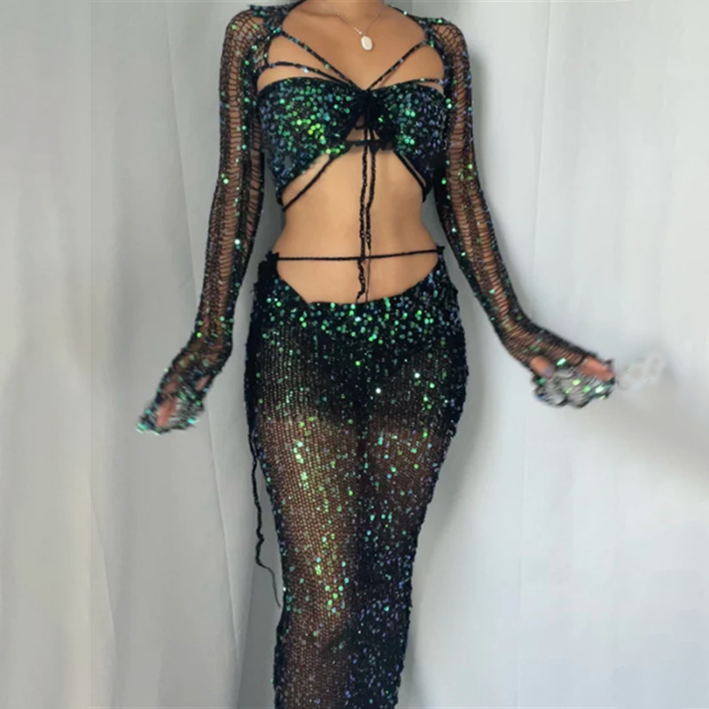 Robe de soirée Sexy en tricot à paillettes, ensemble jupe 3 pièces, tenues pour femmes, manches longues évasées, transparente, vêtements d'indice