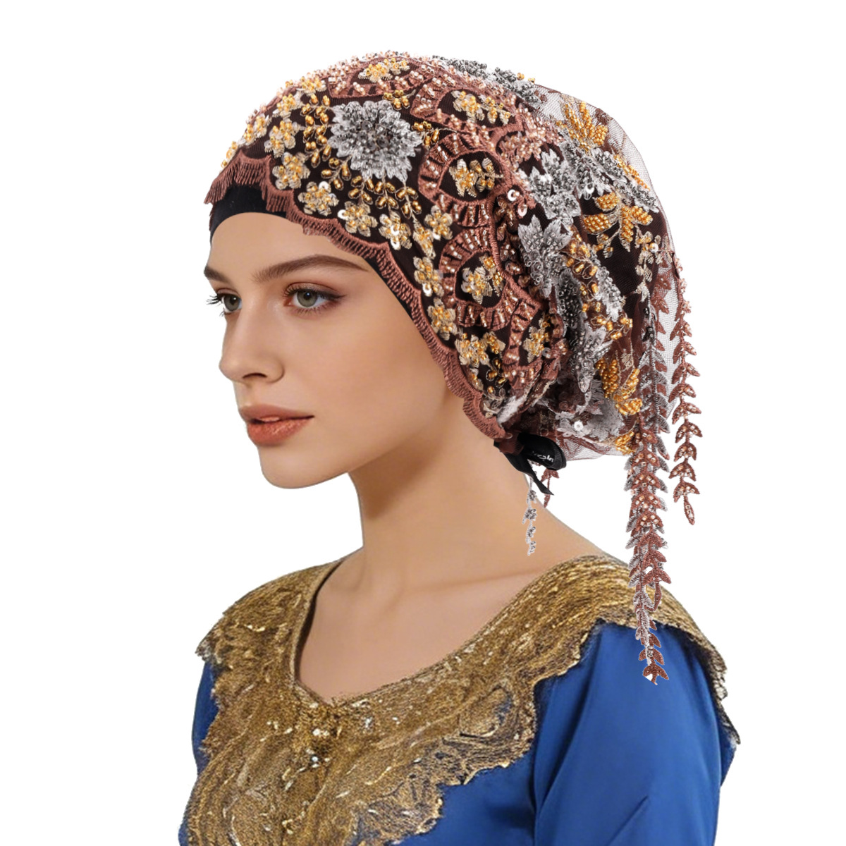 Nouveau ethnique gland foulard perlé broderie Turban luxe gland Bonnet femmes musulman Hijab dentelle fête de mariage chapeaux bonnets