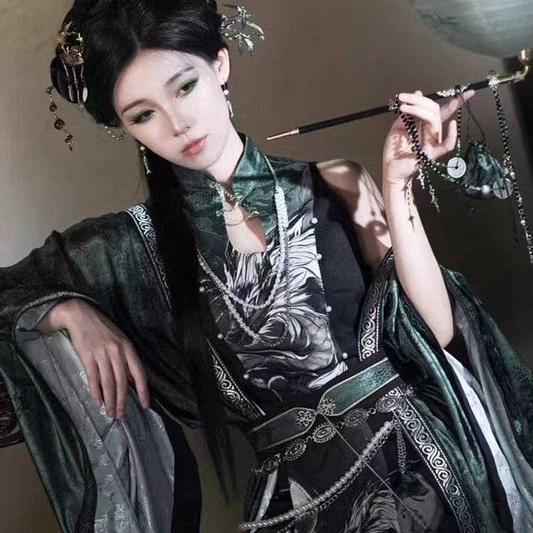 Hanfu – Costume Original de Style chinois pour femmes, éléments Han imprimés, pantalons de chanson, costumes de Cosplay d'halloween, vert noirâtre, COS, nouvelle collection