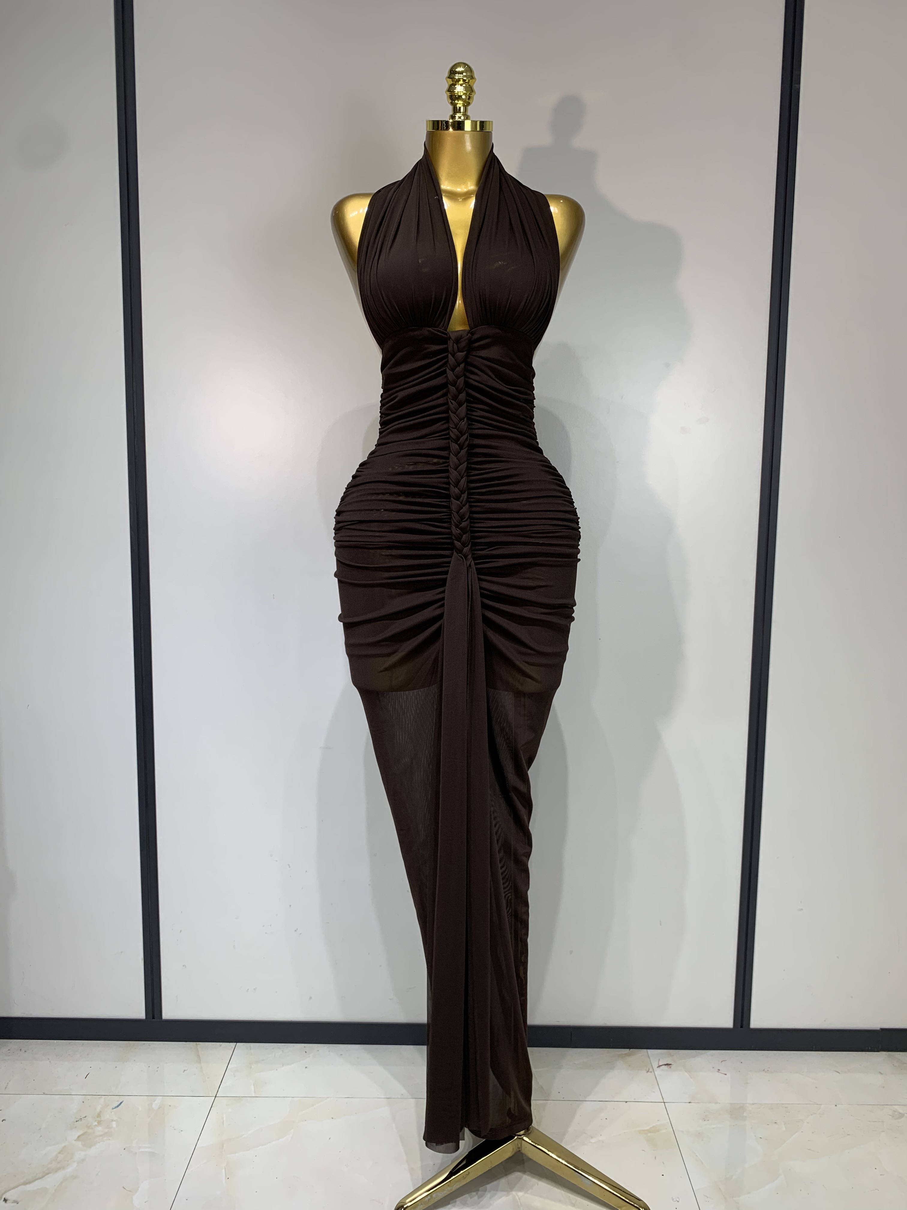 Robe longue marron sexy pour femme, dos nu, froncée, élégante, de soirée, de luxe, pour célébrités, anniversaire, boîte de nuit, cocktail, bal de promo