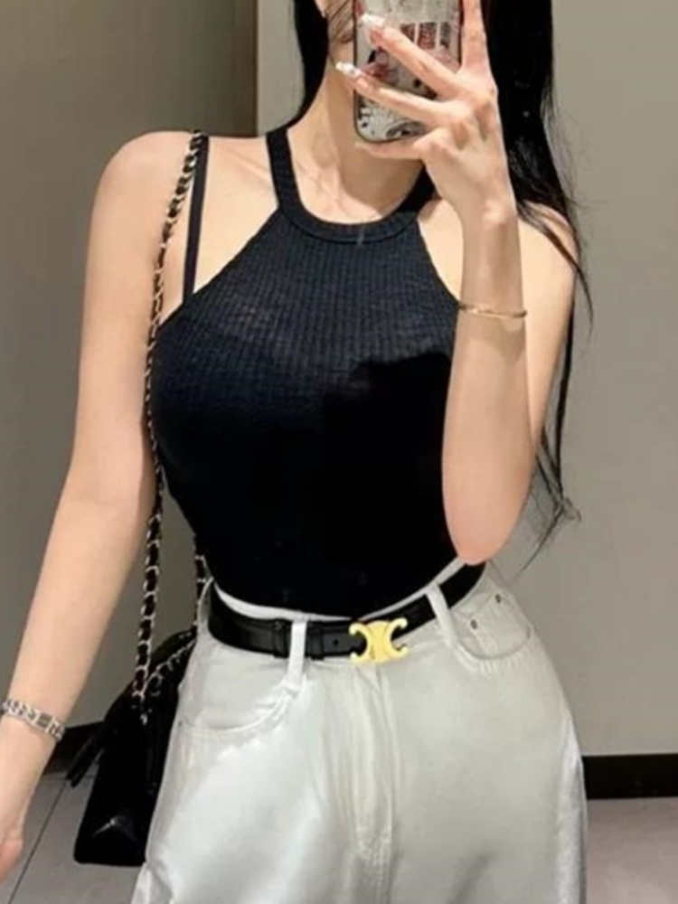 Haut court à épaules dénudées, style coréen, nouvelle arrivée, élégant, moulant, col rond, débardeur pour femmes, mode féminine, flatteur pour la silhouette, sans manches.