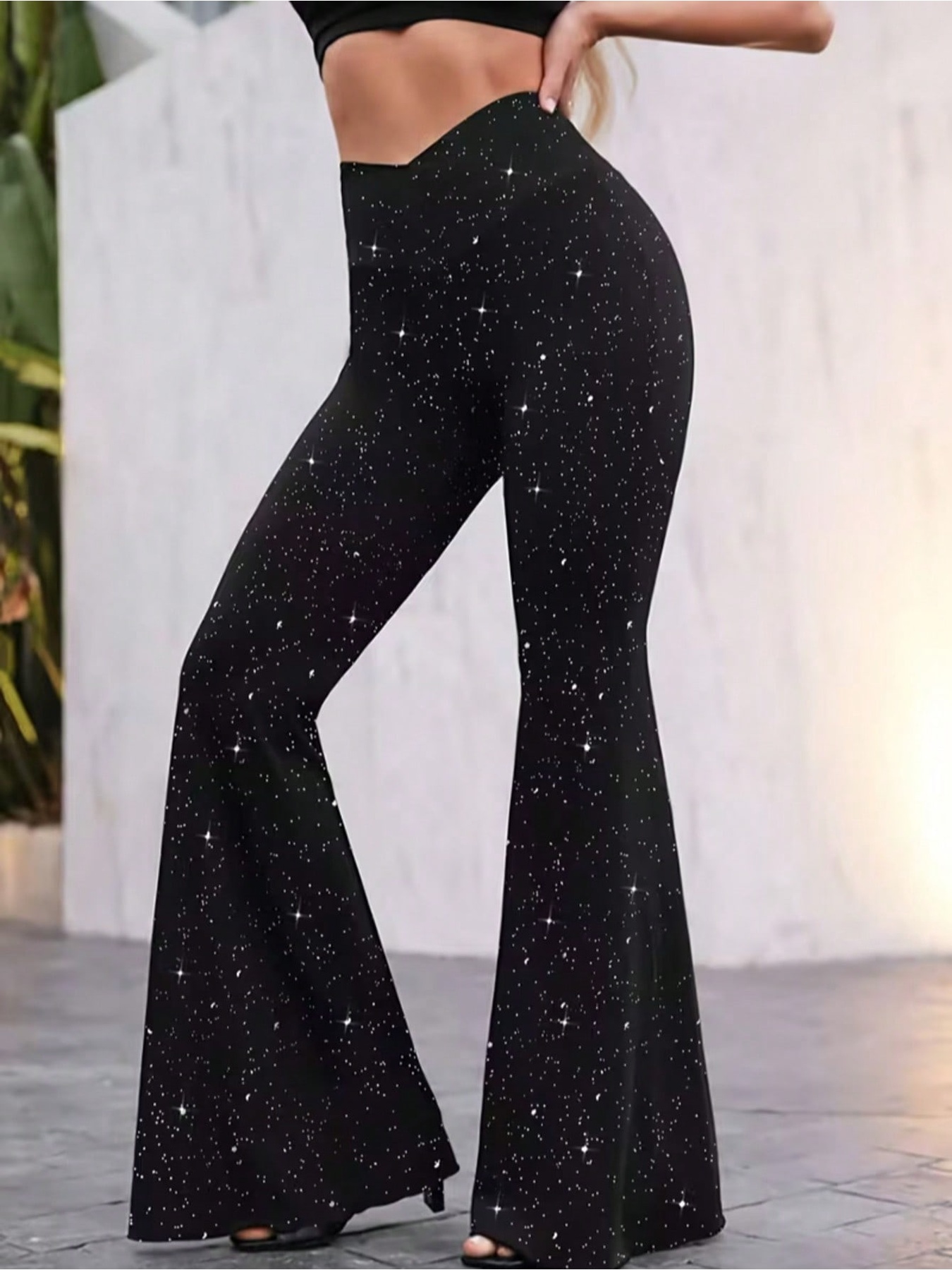Pantalon long évasé à taille cintrée, confortable et décontracté, couleur unie, avec sequins, élégant pour femme