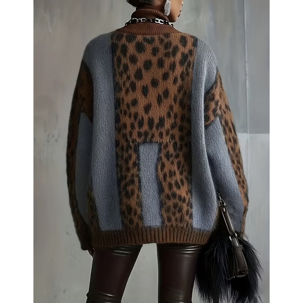 Pull ample rétro à imprimé léopard pour femme, chaud et épais, idéal pour l'automne et l'hiver