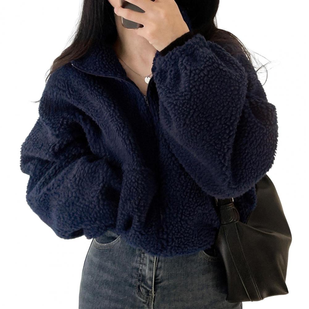 Veste courte en laine d'agneau pour femme, manteau épais et chaud en peluche, à la mode, avec fermeture éclair, col montant, collection automne-hiver 2024