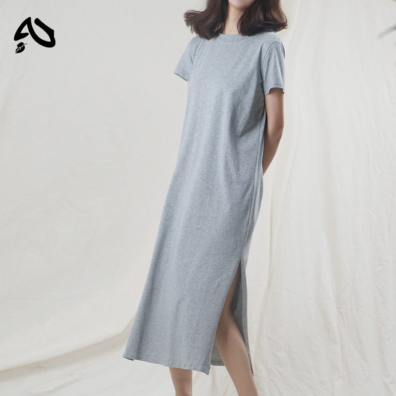 Robe d'été décontractée pour femme en 94 % coton, unie, à manches courtes, fendue, longue, style midi, robe de soleil tendance, vêtement féminin
