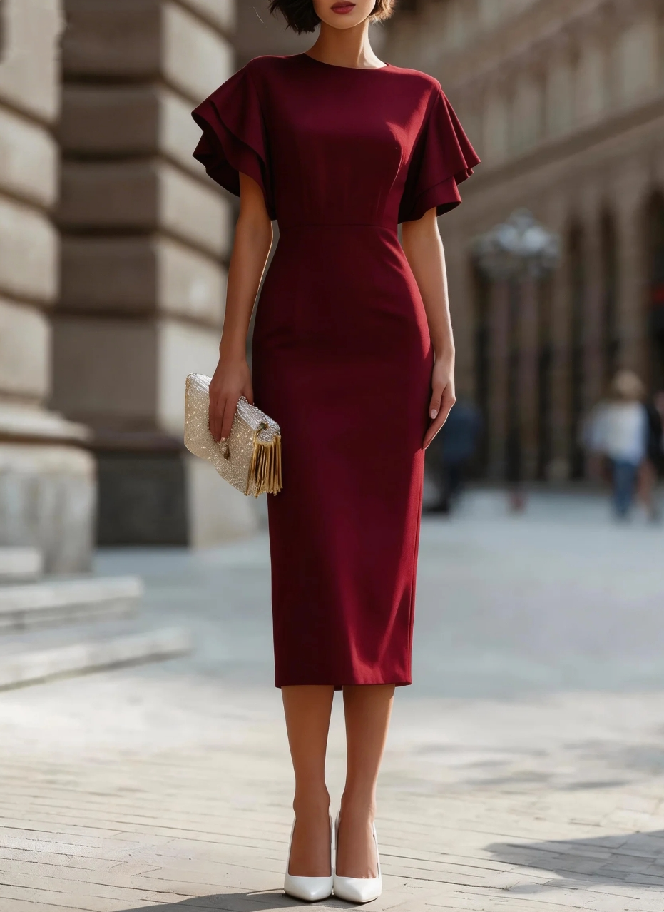 Robe midi élégante pour femme avec manches à volants, col rond et silhouette ajustée