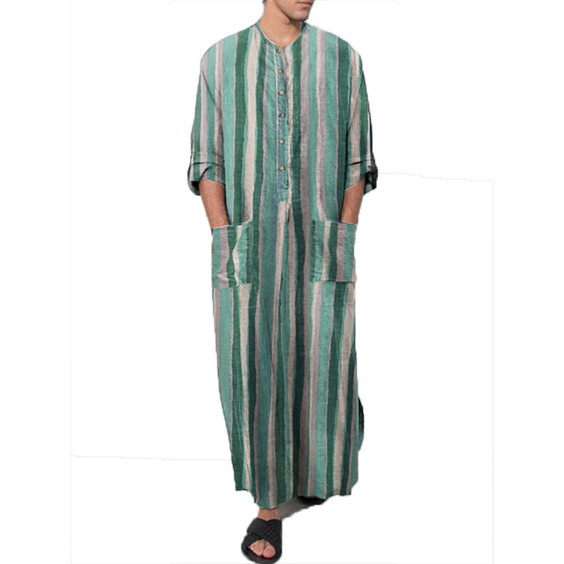 Hommes musulmans à manches longues coton rayé Robes islamique arabe caftan costume moyen-orient dubaï Abaya rétro printemps vêtements 2025 nouveau