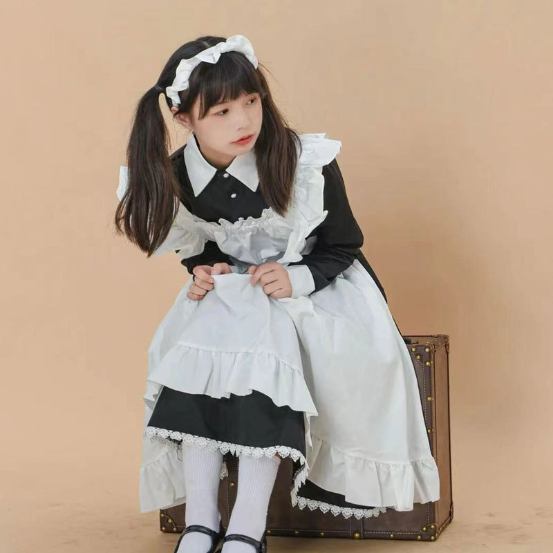 Robe de demoiselle d'honneur Lolita, uniforme noir Kawaii, costume de nounou, pour femmes, adolescentes, filles, tenue de serveuse britannique Kodona avec tablier
