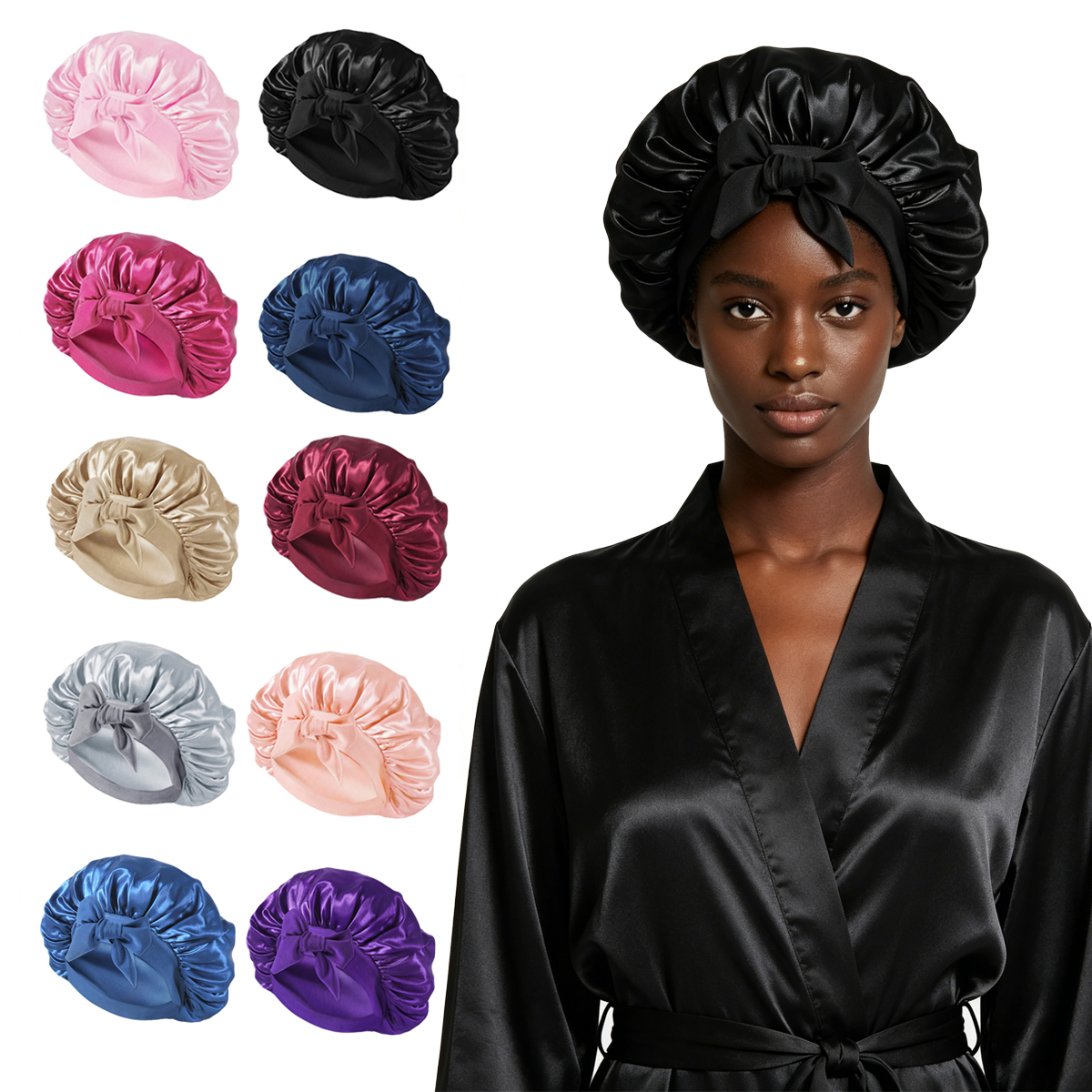Nouveau bonnet en soie pour dormir, bonnet en satin pour femme, bonnet de nuit, foulard pour cheveux bouclés avec bande à nouer pour cheveux bouclés
