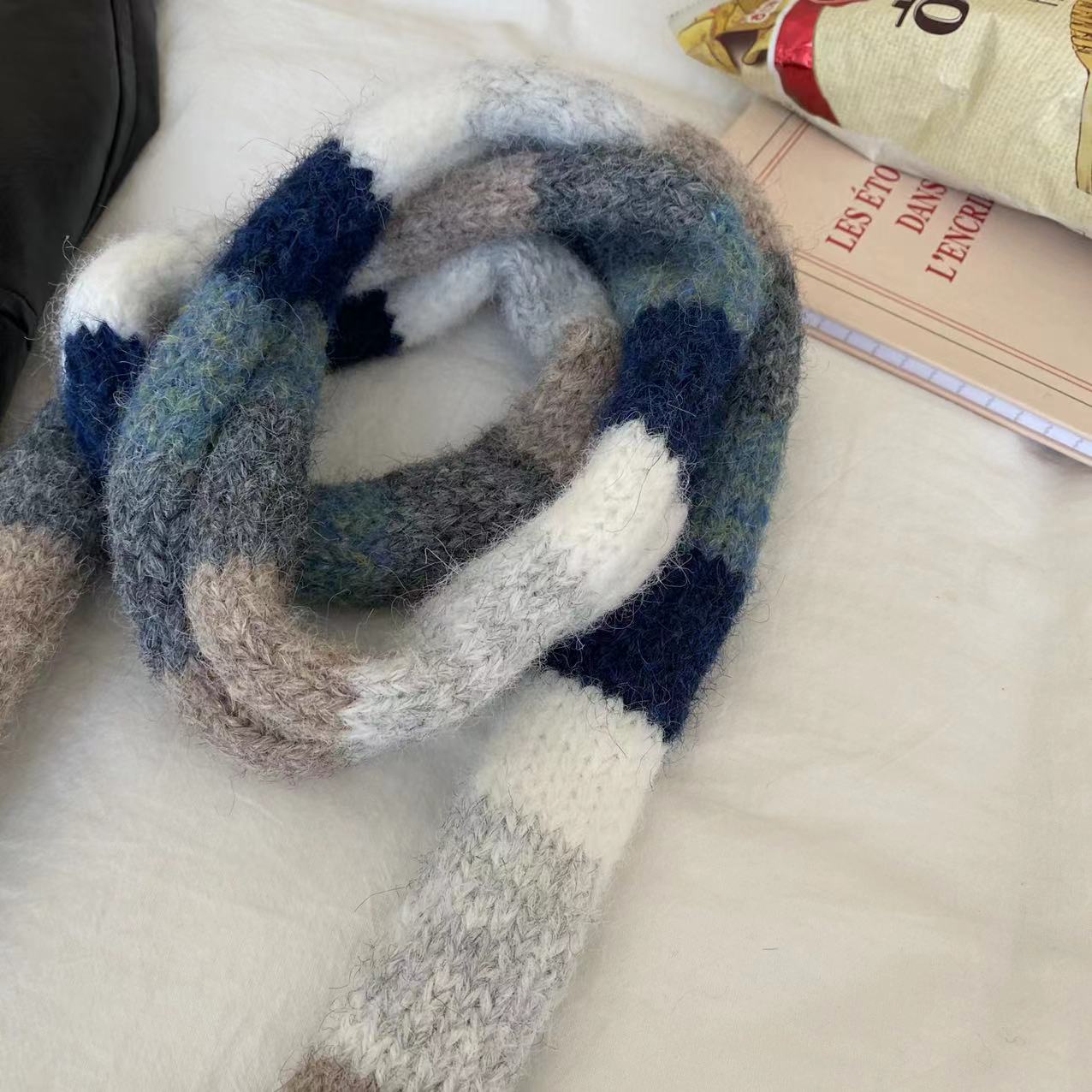 Écharpe fine rayée en laine pour femmes, écharpes chaudes, épissage de documents, longue durée, petit snood étroit, 2024