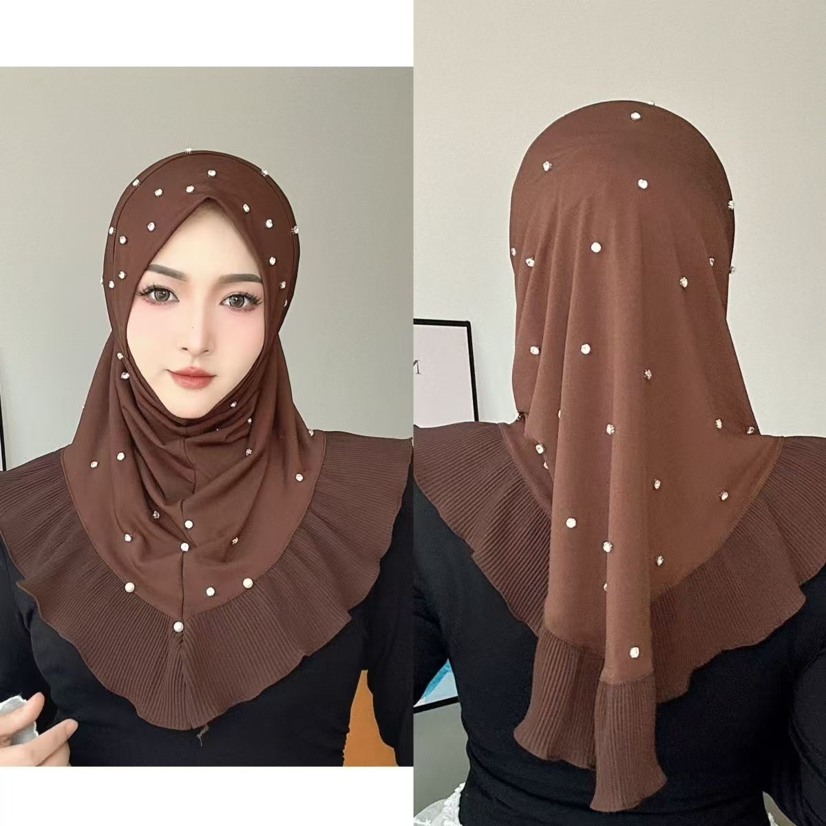 Hijabs pour femmes musulmanes café rose avec perles foulard de prière Eid soirée luxe malaisie Islam fille écharpe d'extérieur