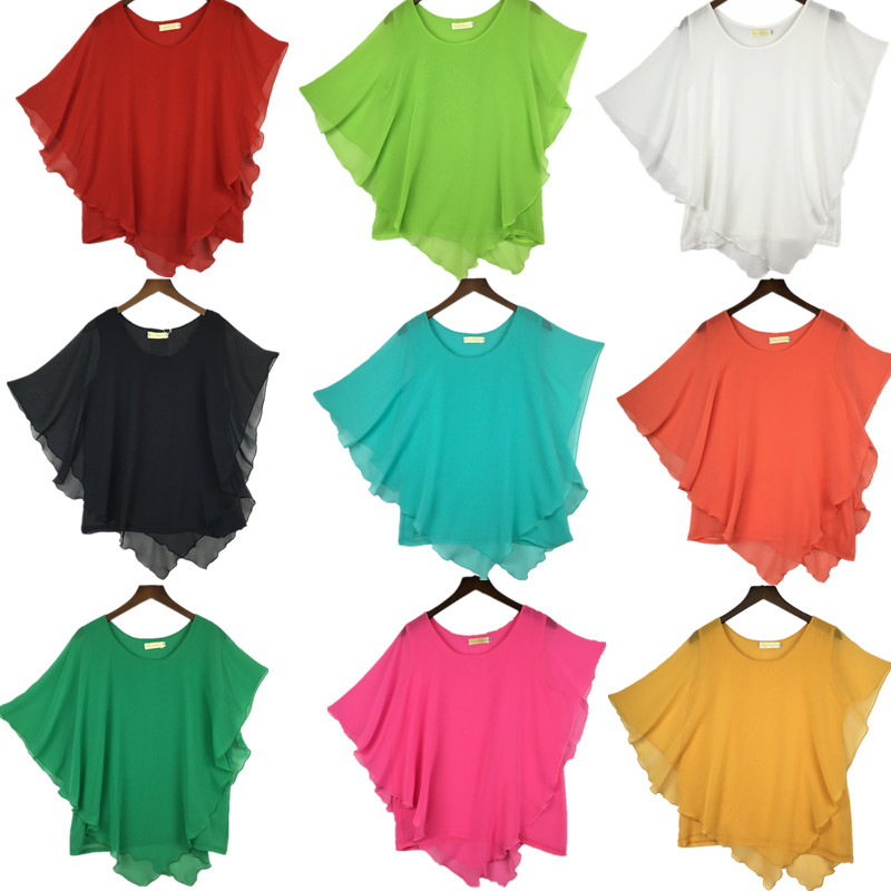 Nouvelles Blouses Femme Mode 2026 Blouse d'été en mousseline pour femme à manches courtes chauve-souris à volants Chemise décontractée 11 couleurs