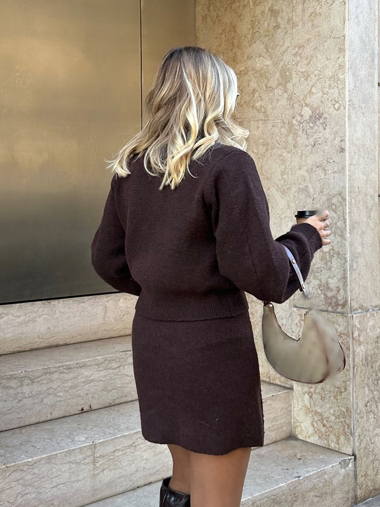 HH femmes jupe costume mode col rond tricoté à manches longues simple boutonnage poche Cardigan + taille élastique mince Mini jupe 3 couleurs