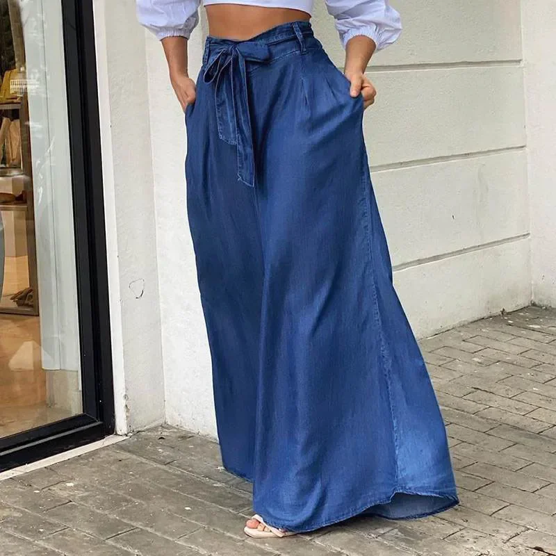 Pantalon long en jean pour femme, coupe ample, taille haute, couleur unie