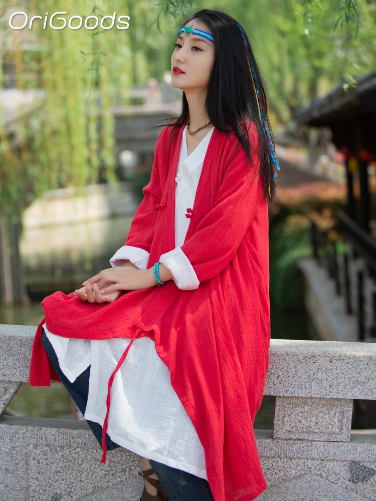 OriGoods femme longue Kimono chemise Style chinois coton chemises élégantes en vrac Zen japon Mori fille femme 2025 été nouveaux hauts B051