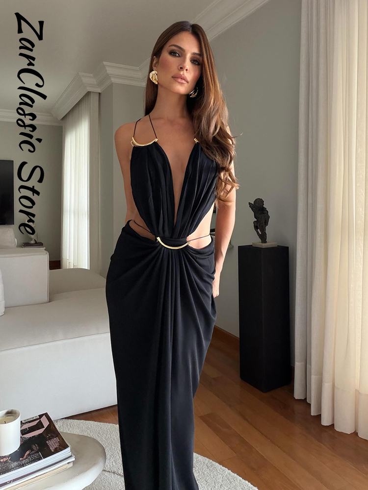 Robe de soirée décontractée longue pour femme, sans manches, col en V, dos nu, à bretelles, vert été, nouvelle mode, pour la plage et les vacances 2026