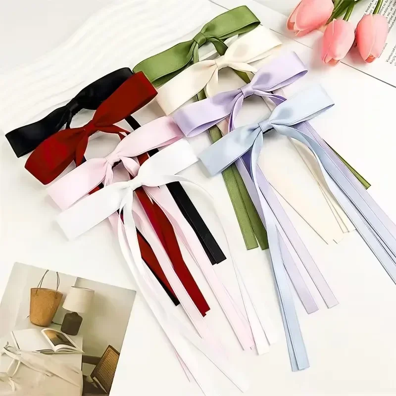 Pinces à cheveux avec nœuds en ruban de Satin pour femmes, 4/6/8 pièces, coréen, longues queues de pampilles, ensemble de Barrettes à nœud papillon, épingle à cheveux, accessoires pour filles