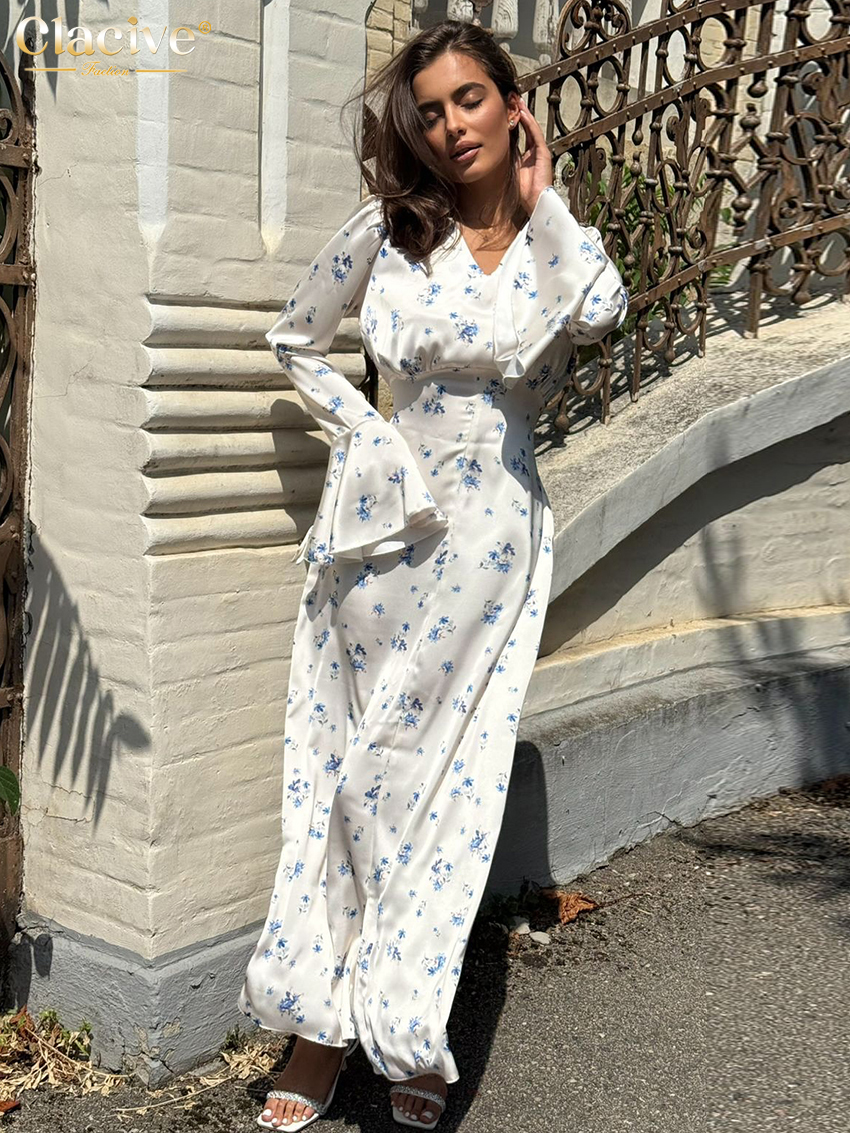 Clacive – robe ample imprimée pour femmes, col en v, manches longues, longueur cheville, élégante, taille haute, printemps, 2026
