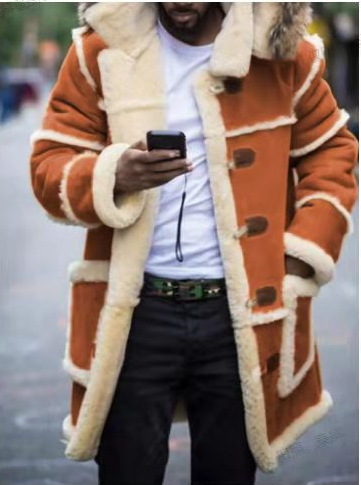 Pardessus hommes hiver nouvelle veste longue ample rembourrée en coton fourrure marron intégré laine d'agneau manteaux à capuche mâle