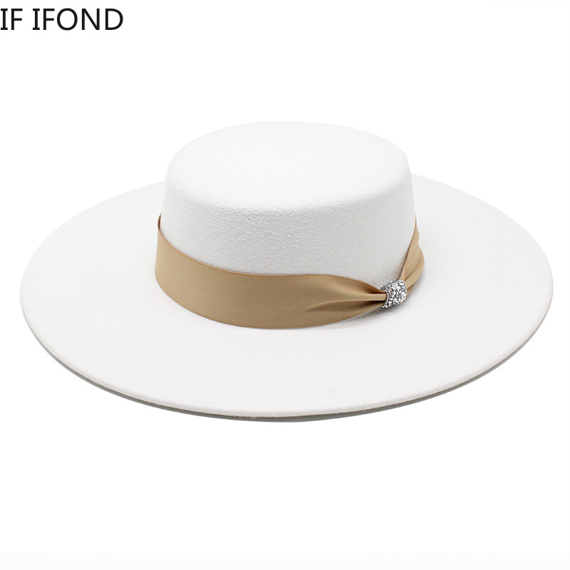 Chapeau Fedoras en Satin Feutré Blanc pour Femme, Casquette Élégante pour Banquet, Robe de Soirée Formelle, Bord de 10cm de Large, Église