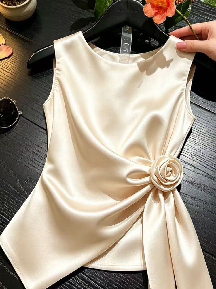 Débardeurs en satin élégants et chics pour femmes, coupe ajustée, col rond, motif floral 3D, sexy, tendance, décontractés d'été, design uni, style Ins, haut sans manches