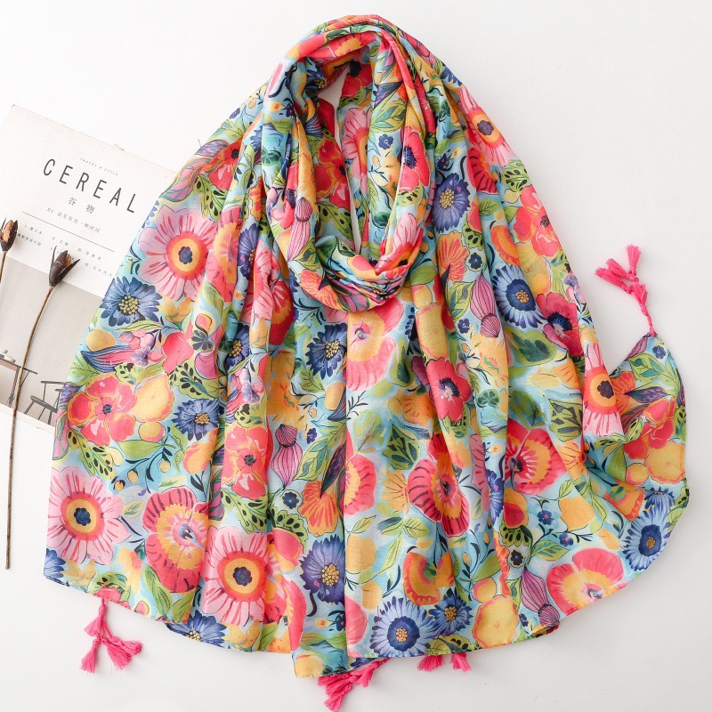 Châle Foulard en Viscose à Motif Floral Pétale et Pompon, Style Espagnol, pour Femme, Imprimé de Haute Qualité, Doux, Pashmina, Étole, Hijab Musulman, 180*90 cm