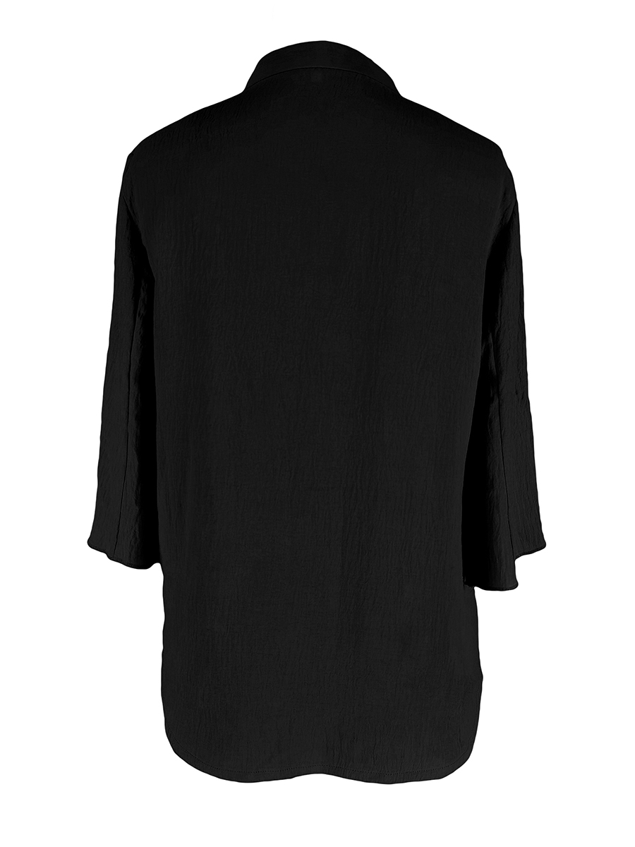 Chemisier chic noir pour femme à manches 3/4, col en V, manches cloche fendues, coupe ample et décontractée, texturé, élégant pour le travail ou le quotidien