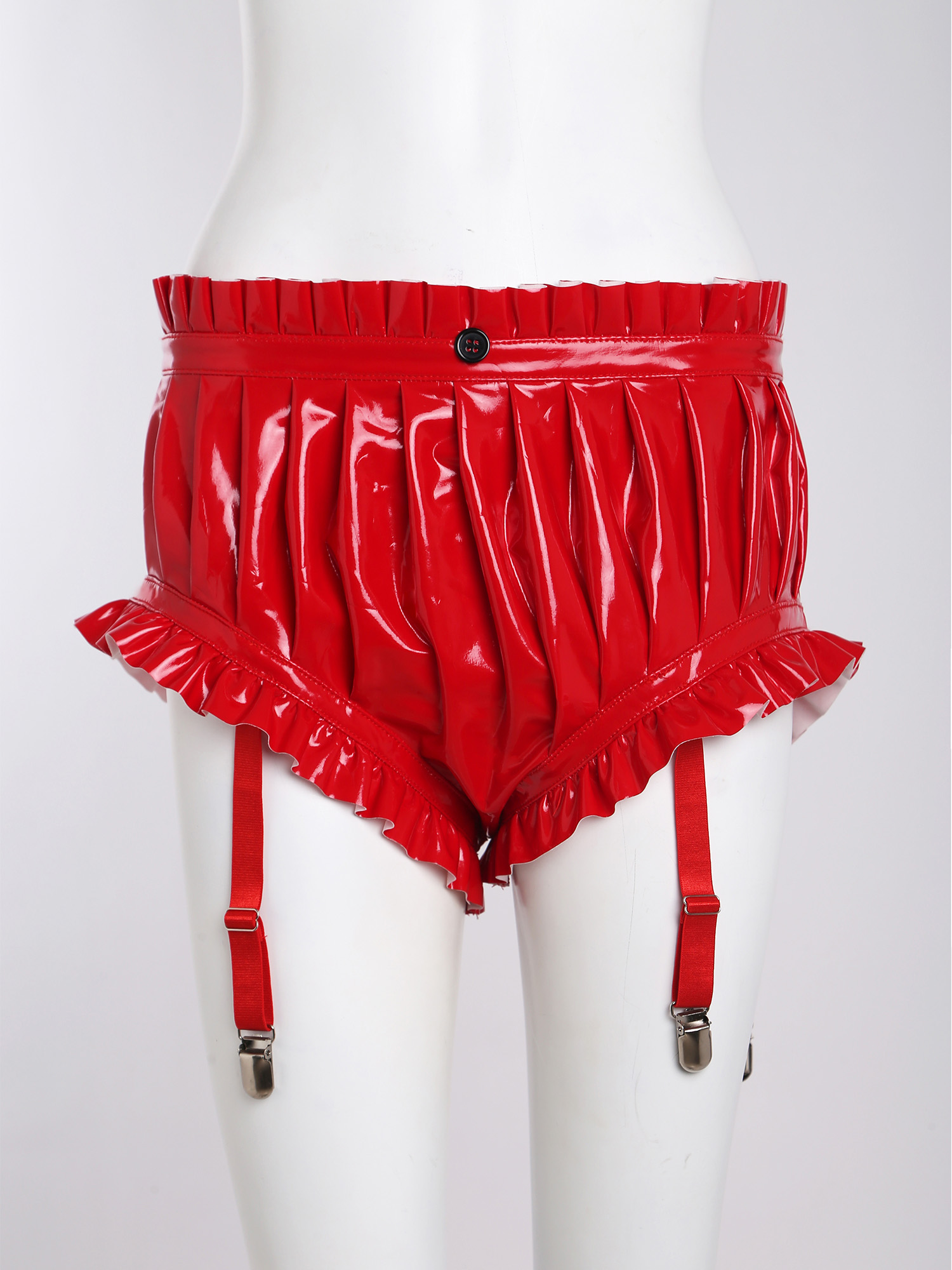 Shorts en similicuir effet mouillé pour femme, sexy, froncés à volants, taille haute, coupe ajustée, avec jarretelles, pour clubbing et soirées.