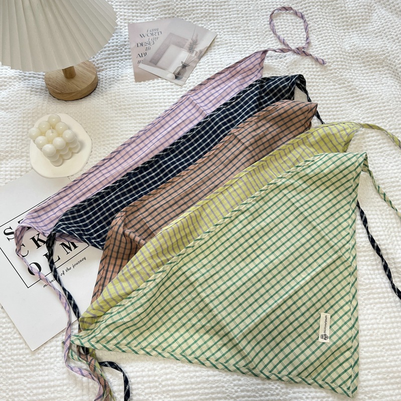 Écharpe triangulaire à carreaux coréens pour femmes, coton et lin, mode polyvalente, petite écharpe décorative mignonne, printemps 2025
