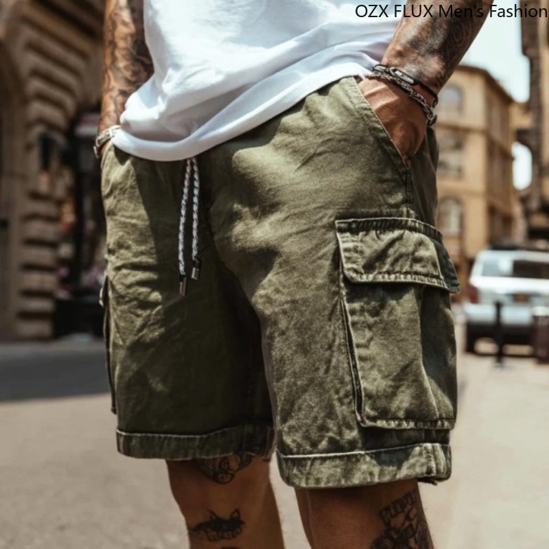 Shorts Cargo Homme Été Imperméables Respirants Extérieur Poches Zippées Décontractés Taille Élastique Tissu Gaufré Vêtements de Travail Lavés