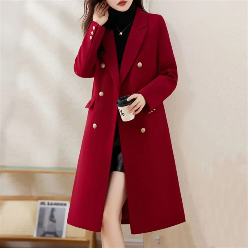 Manteau en laine rouge 2026 Automne Hiver Nouvelle Mode Élégant avec doublure en coton Manteaux en laine épais Femme Coupe ajustée Décontracté Chaud Long Manteau