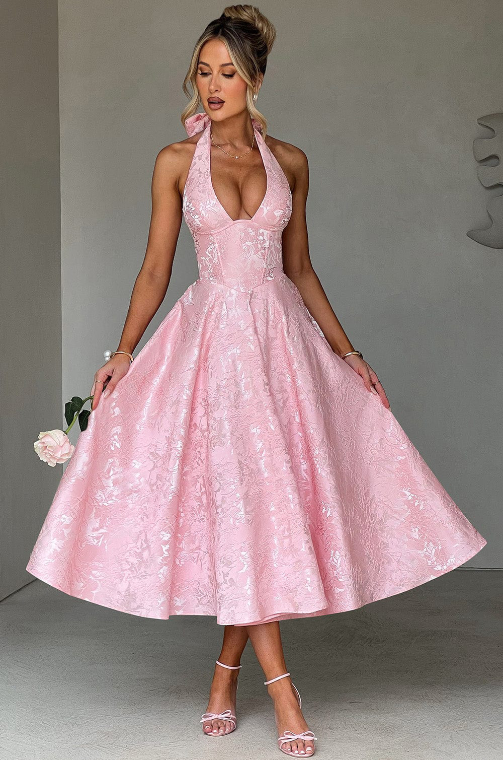 Robe longue Corset en Jacquard jaune pour femmes, col en V, col licou, nœud licou, robes de soirée d'été, d'anniversaire, rose, blanc, nouvelle collection 2025, pour invités de mariage