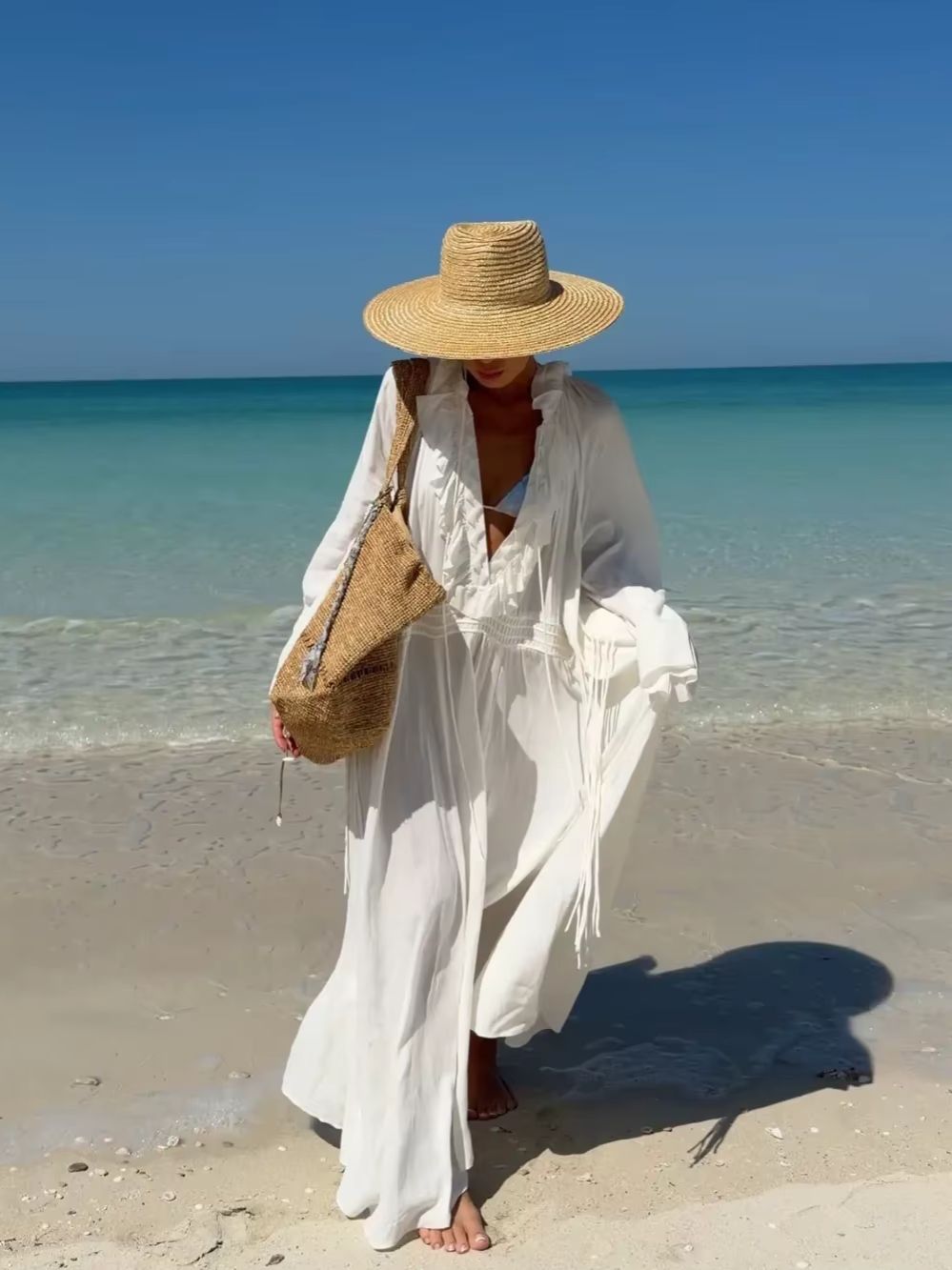 Robe de plage maxi de luxe pour femme, élégante, à col en V, avec volants, manches longues, coupe oversize, pour les vacances