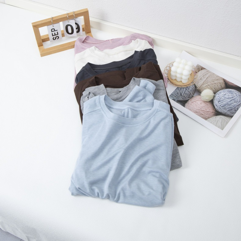 T-shirt à manches longues pour femmes, épissure de laine de soie, haut fin, doux, cireux, couleur unie, printemps été