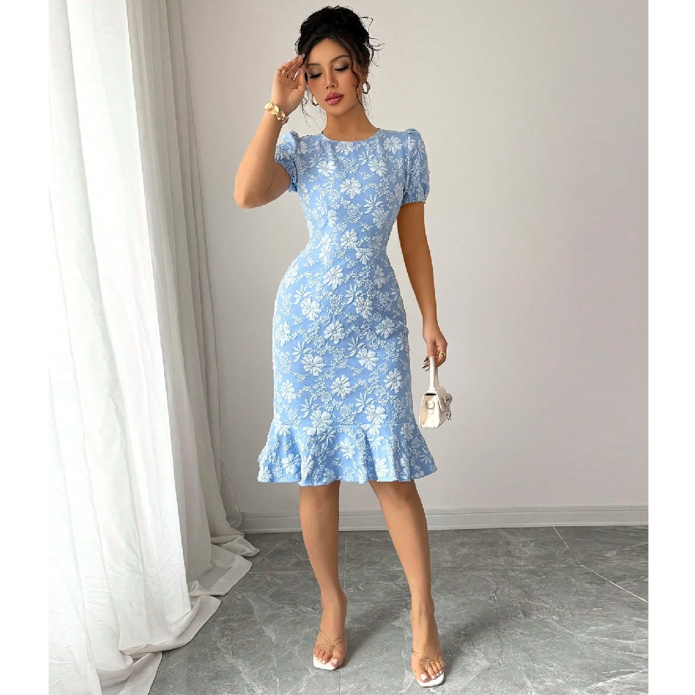    Robe de soirée brodée de fleurs pour femmes, tenue de bureau, col rond, manches courtes, couleur unie, Slim, élégante, moulante, été