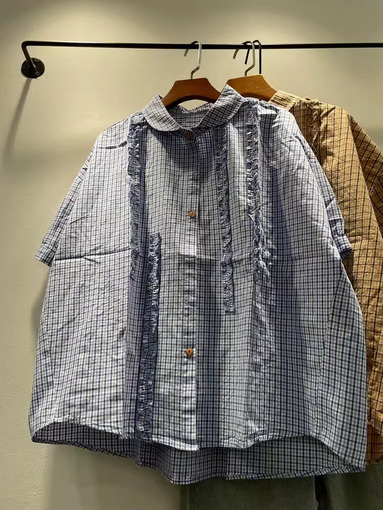 Buste 136 cm vêtements d'été grande taille hauts coton à volants chemises à carreaux bleus chemisiers à manches courtes vêtements pour femmes de style coréen