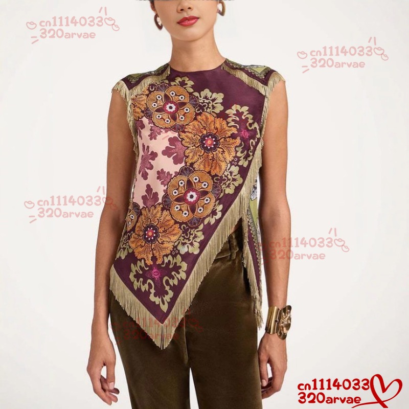 Haut à imprimé floral tendance avec franges pour femme, chemisier en satin vintage à col rond sans manches et ourlet asymétrique, hauts chics pour femme 2026