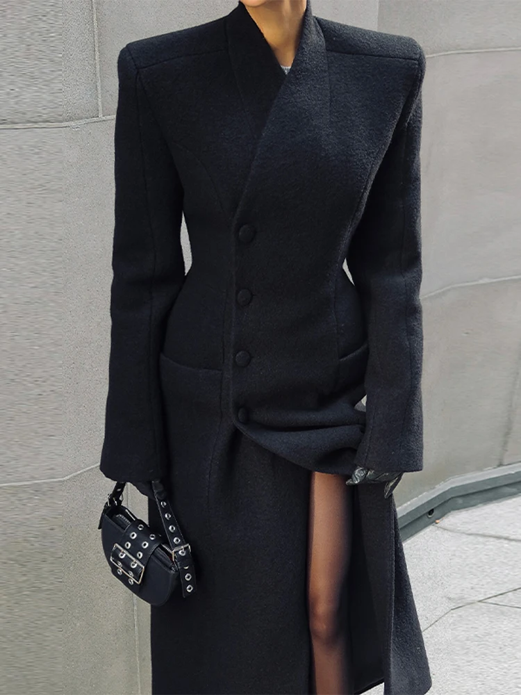 Manteau Long élégant pour femmes, col en v, couleur unie, Slim, simple boutonnage, taille fermée, veste dame, automne hiver 2021, Chic, Streetwear féminin