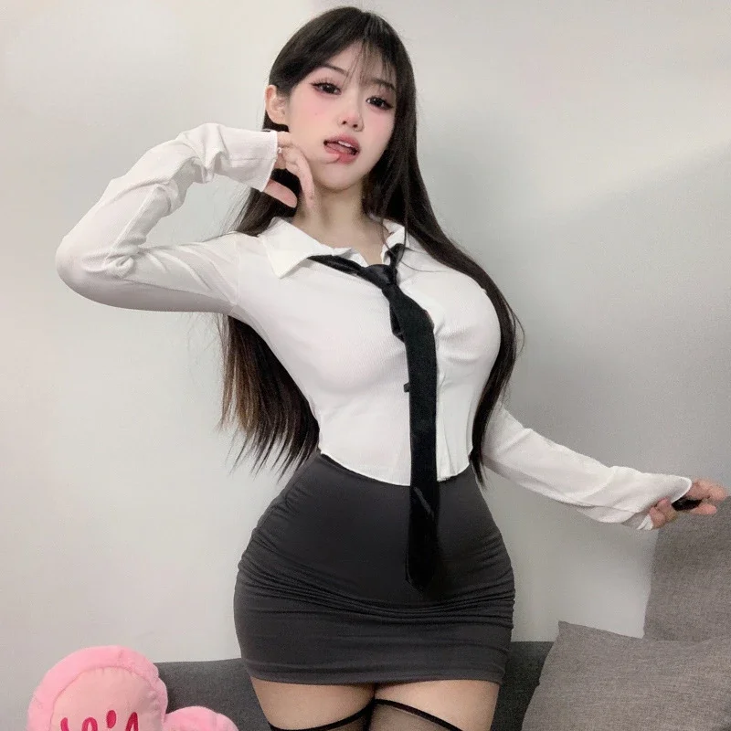 Uniforme Sexy, Costume de Cosplay de secrétaire, chemise blanche, ensemble Mini jupe pour femmes, tenues d'équipe OL, vêtements de nuit, sous-vêtements, Lingerie