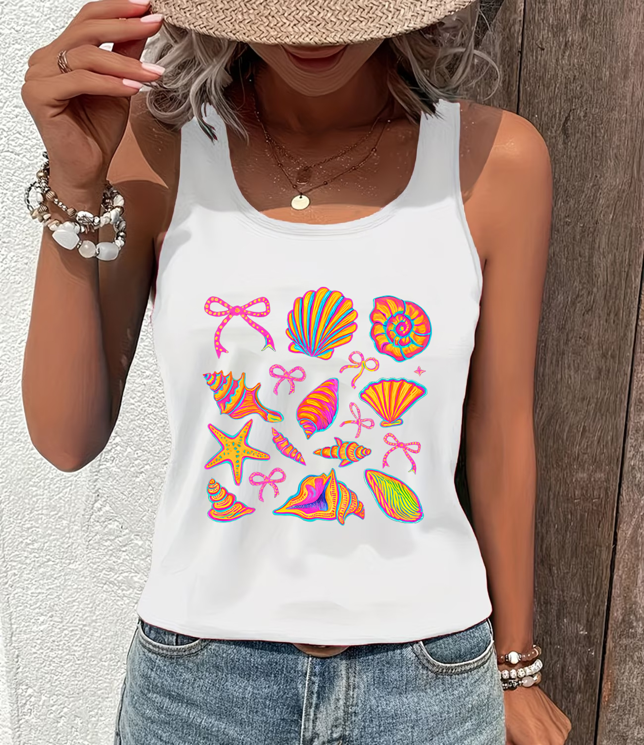 Débardeur Femme Coquette à Motif Coquillage, Style Racerback, pour l'Été et les Voyages en Bord de Mer, Collection Débardeurs & Camisoles