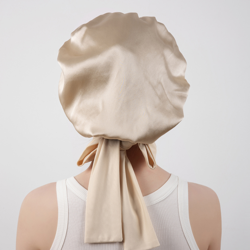 Bonnet de couchage Double couche en soie de mûrier pour femmes, grand bonnet de nuit avec large bande élastique à nouer, 100%