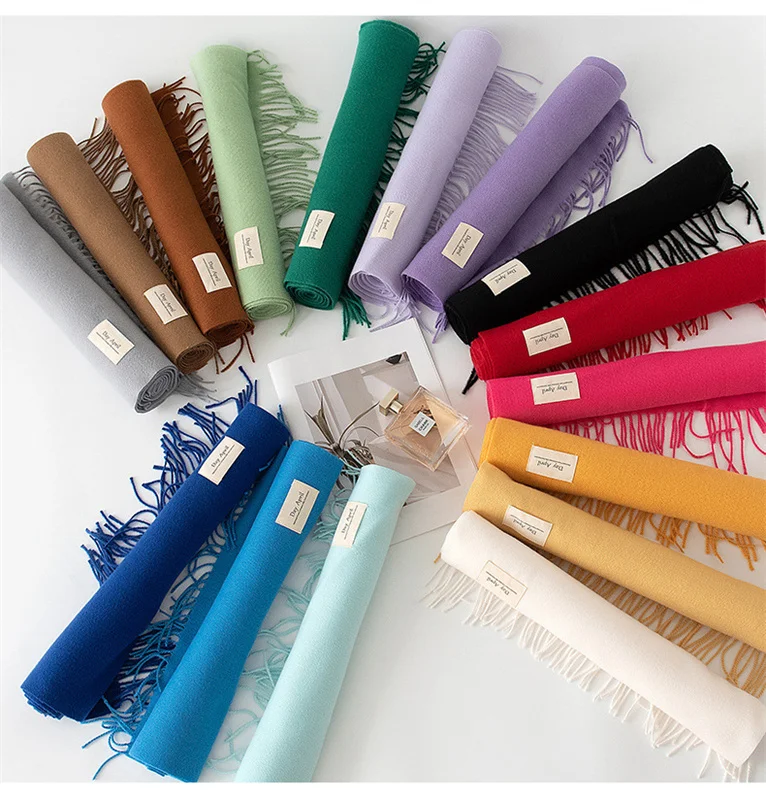 Écharpe longue et chaude en cachemire pour femme, Hijab, couleur unie, châle enveloppant, Pashmina, Bandana, automne 2024