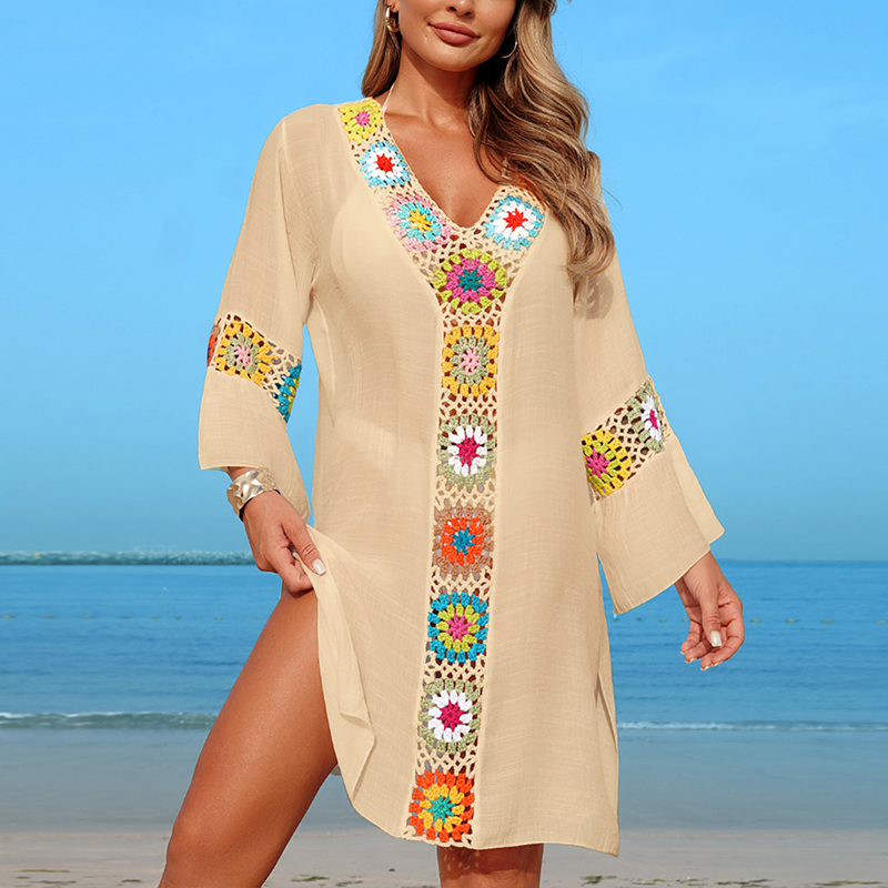 Crochet à la main multicolore fleur bloc vêtements de plage couvrir plage vacances décontracté transparent robe mi-longue respirant crème solaire Smock