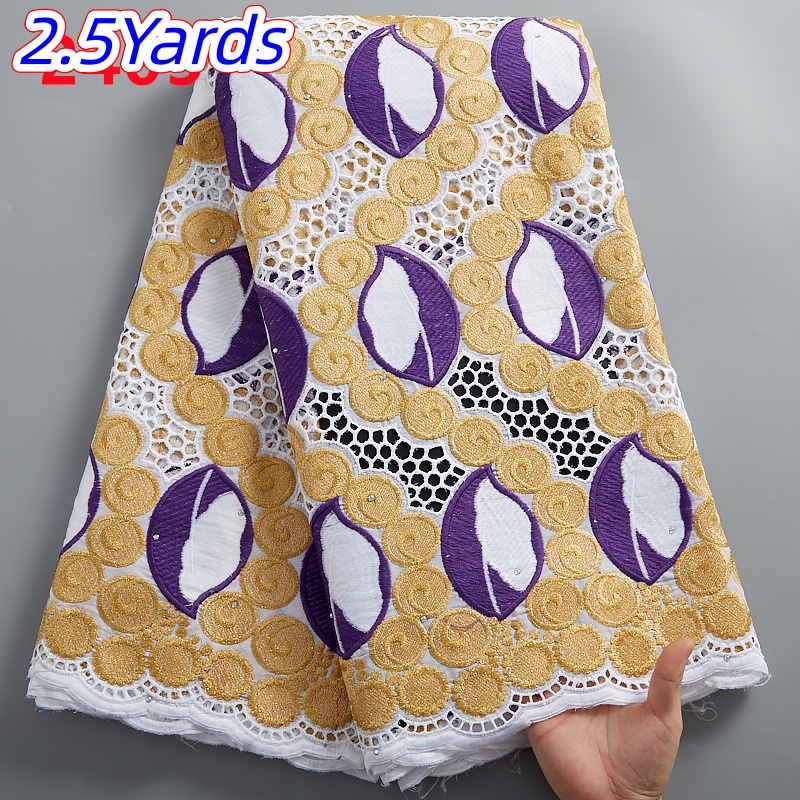 Tissu en dentelle de coton africain brodé, voile suisse de haute qualité avec pierres pour robes de mariée et de soirée pour femmes, 2,5 yards