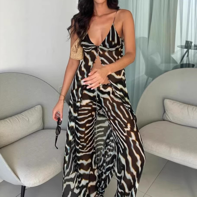 Ensemble deux pièces pour femme, haut de camisole sexy à col en V et pantalon long, tenue de plage en mousseline de soie, costumes décontractés amples, imprimé rayé, vacances