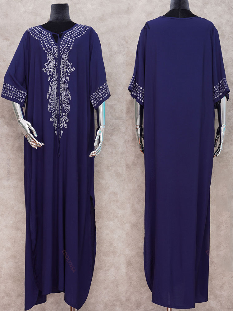 Robe d'été brodée Indie Folk 2026 à manches courtes, tunique en coton, caftan de plage, tenue de plage pour femme, paréo de maillot de bain, robe de plage