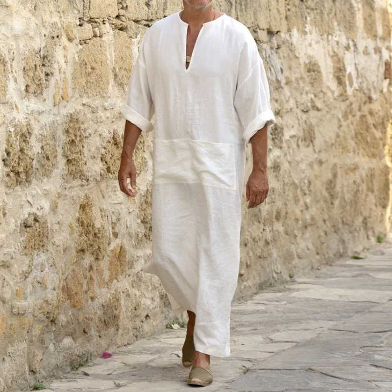 Nouveaux hommes Jubba Thobe caftan musulman arabe islamique col en v à manches courtes solide coton lin Robes mode musulmane arabie homme abaya