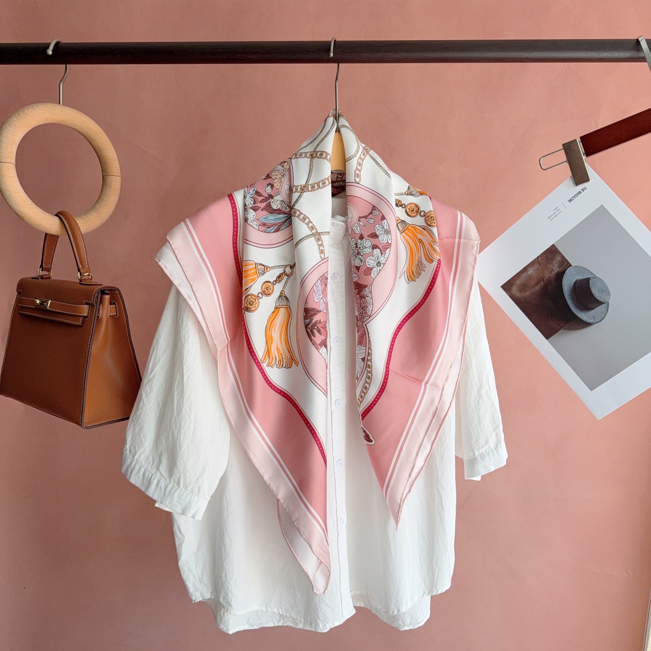 Écharpe de luxe en soie blanche et rose 100% soie pour femme, bandana 90 cm en soie sergée, châles et foulards pour la tête, écharpes de cou, hijab, pour l'extérieur