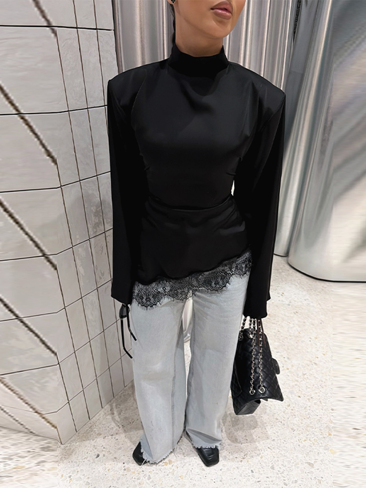 Chemisier Chic et Décontracté pour Femme, Col Montant, Manches Longues, Ourlet Asymétrique, Patchwork Dentelle, Couleur Unie, Collection Printemps 2026